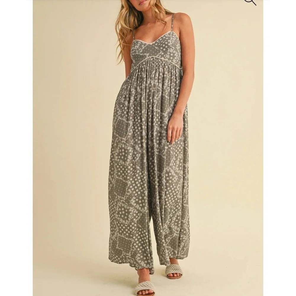 Klesis Printed Sleeveless Jumpsuit Boho Olive Hippie Sz M Wide Relaxed Fit - Picture 3 of 12